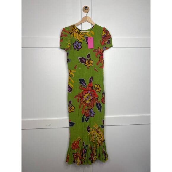 NWT Rhode Round Neck Puffed Sleeves Flared Lulani Dress Green Floral Size: 4 - Picture 2 of 8